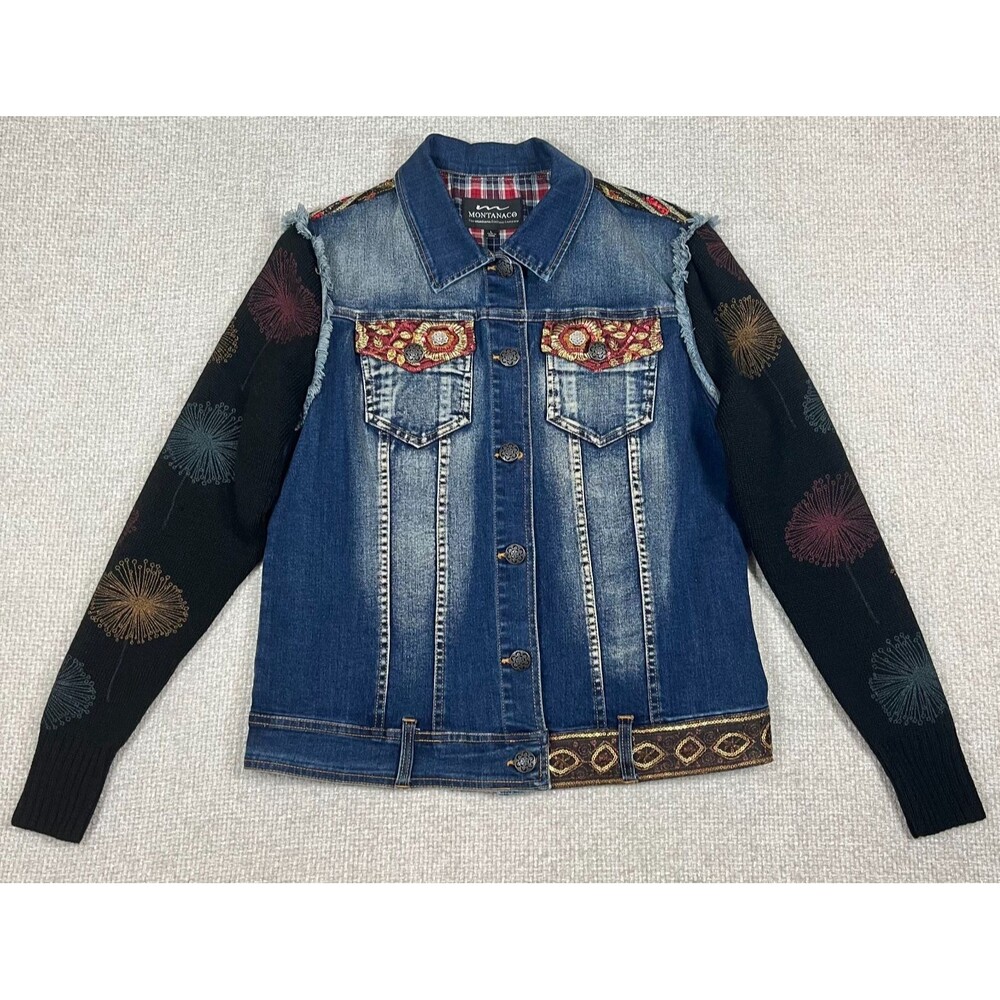 Montanaco Denim Jacket Women's Large Knit Sleeves Western Sequin Southwestern
